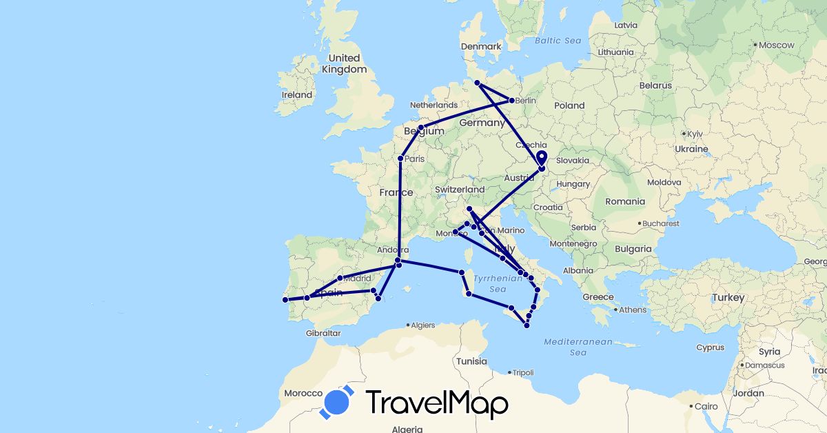 TravelMap itinerary: driving in Austria, Belgium, Germany, Spain, France, Italy, Portugal (Europe)